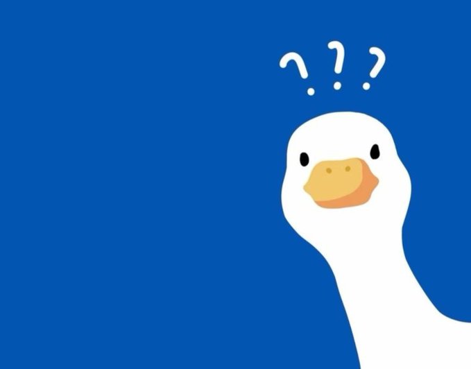 A cartoon white duck with an orange beak looks upward against a blue background, with question marks, an exclamation point, and another question mark floating above its head.
