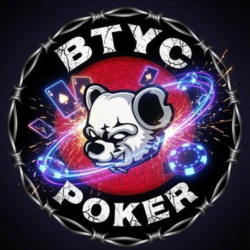 A circular logo for "BTYC POKER" featuring a white bear head surrounded by flying playing cards and blue poker chips, enclosed within a barbed-wire border.