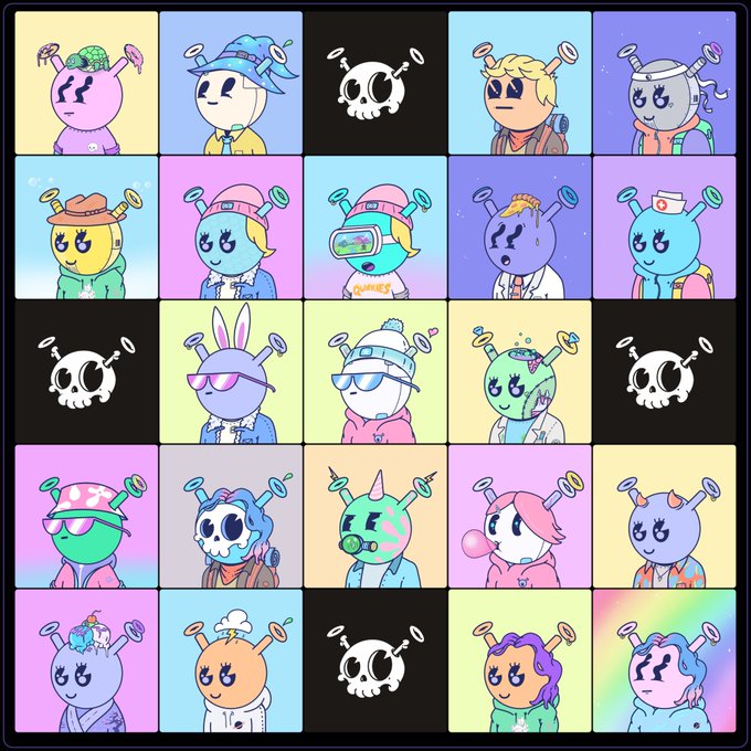 A grid of cartoon alien characters in colorful tiles, each with unique hats, hairstyles, and accessories, with some tiles showing a skull face on a black background.