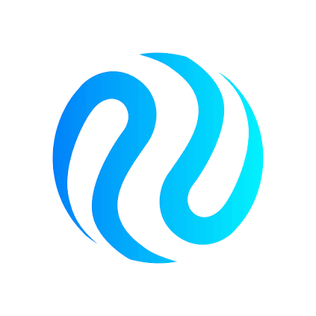 A blue circular logo featuring a stylized water drop or swirl emblem.