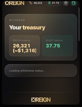 A screenshot of the XREIGN app shows a withdrawal page displaying a treasury of 26,321 $REIGN (~$1,316) and 37.75 $USDT, currently loading withdrawal status. The image illustrates the legitimate withdrawal feature being contrasted with claims about fake airdrop projects like Orvexhub that allegedly scammed users by charging gas fees for non-existent rewards.