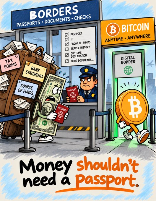 A cartoon illustration depicting a U.S. dollar bill burdened with luggage and forms ("TAX FORMS," "BANK STATEMENTS," "SOURCE OF FUNDS") waiting at a "BORDERS" checkpoint with a strict officer, while a "BITCOIN" coin walks freely through a "DIGITAL BORDER" exit; the caption reads "Money shouldn't need a passport."