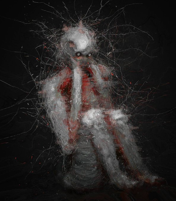 A dark, abstract digital painting of a seated figure rendered in rough white and red brushstrokes, with crack-like lines radiating across a black background.
