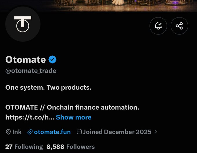 The image shows the X (Twitter) profile of **@otomate_trade** (Otomate), a verified account with 8,588 followers and 27 following, joined in December 2025. The bio reads "One system. Two products" and describes OTOMATE as "Onchain finance automation" linked via otomate.fun and built on the Ink ecosystem. This profile belongs to the project behind the "INK Genesis NFT collection" mentioned in the post, which details a 4,444 total supply split into Genesis Terminals, burnable $OTO reservations, and other allocations.