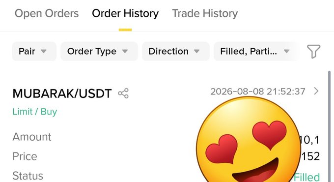 A cryptocurrency trading interface displaying an Order History tab with a filled 'Limit / Buy' order for the MUBARAK/USDT pair dated 2026-08-08, partially obscured by a smiling face emoji with heart eyes.