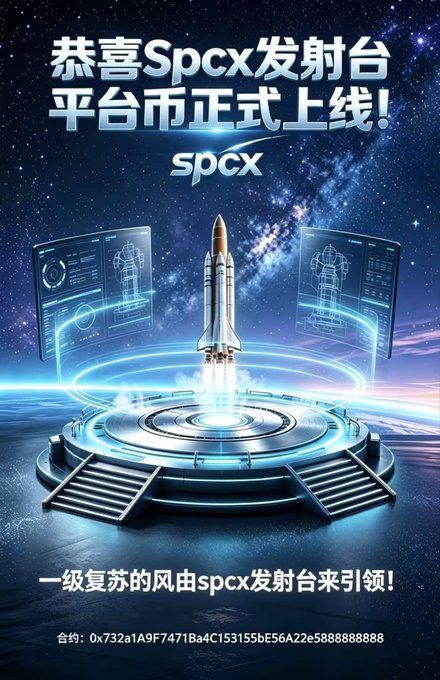 A futuristic sci-fi promotional poster for the SPCX Space Launch Platform, featuring a glowing rocket lifting off from a circular tech platform against a starry cosmic backdrop, with holographic data screens on either side. The poster announces "恭喜Spcx发射台平台币正式上线！" (Congratulations on the official launch of the SPCX Launch Platform coin!) and displays the contract address "0x732a1A9F7471Ba4C153155bE56A22e5888888888" at the bottom, reinforcing the post's message about the platform's official debut in the Web3 ecosystem.