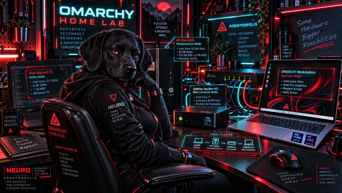 A stylized, cyberpunk-themed digital artwork of a dog wearing a jacket in a high-tech lab, featuring the text 'OMARCHY HOME LAB', 'NEURO AGENTROPOLIS', 'OMARCHY Workstation', 'OP 808X 3300', and 'Mac Compute Node'.