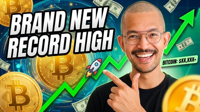 The image is a YouTube thumbnail featuring a smiling man with glasses pointing upward, surrounded by Bitcoin coins, dollar bills, and a green upward-trending arrow with a rocket, alongside the bold text "BRAND NEW RECORD HIGH" and a placeholder "BITCOIN: $XX,XXX+." It visually teases the video's optimistic message about a Bitcoin bull rally and the conditions needed to reach new all-time highs.