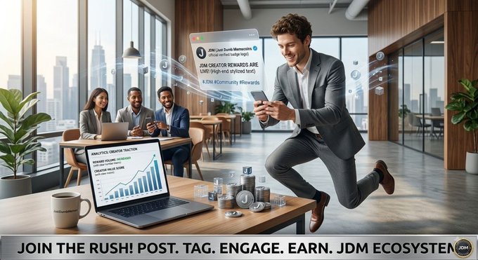 A promotional image for "JDM Creator Rewards" featuring a smiling man jumping with a phone, a laptop displaying analytics, and the tagline "JOIN THE RUSH! POST. TAG. ENGAGE. EARN. JDM ECOSYSTEM".