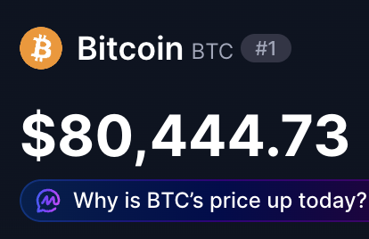 A digital display shows the Bitcoin (BTC) price at $80,444.73 with a button asking 'Why is BTC's price up today?'