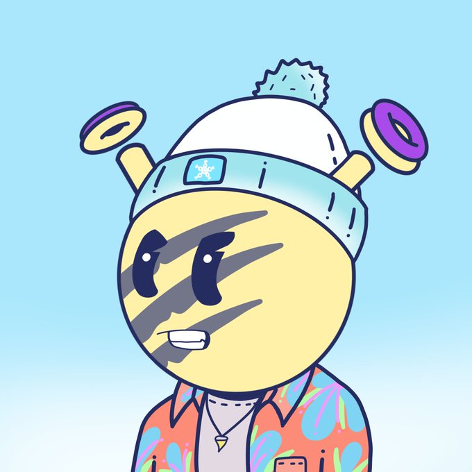 A cartoon character resembling a yellow emoji with zebra-like black stripes, wearing a white and blue beanie with rings attached, and a colorful floral shirt.