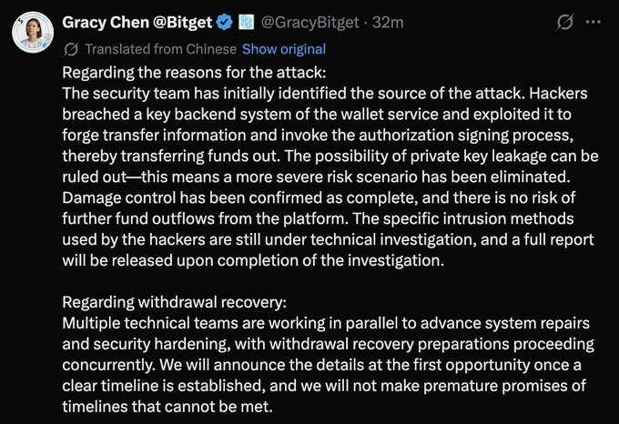 A tweet from Gracy Chen (@GracyBitget), CEO of Bitget, explains that hackers breached a backend system of the wallet service to forge transfer information and authorize fund withdrawals, ruling out a private key leak, and notes that damage control is complete with no further outflows, while withdrawal recovery is in progress.