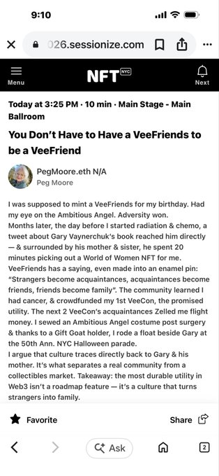 A mobile screenshot of an NFT NYC article titled 'You Don't Have to Have a VeeFriend to be a VeeFriend' by PegMoore.eth, recounting a personal story about Gary Vaynerchuk's VeeFriends.