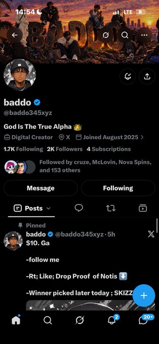 A Twitter/X profile for baddo (@baddo345xyz), a Digital Creator joined August 2025 with 1.7K followers, featuring a pinned post about a $10 giveaway.