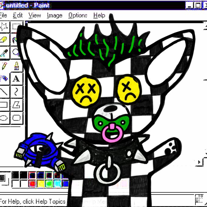 The image displays a MS Paint artwork titled "Untitled" featuring a chibi-style demon character with a green mohawk, "X" eyes, and a checkered black-and-white body, holding a spiked bat. The accompanying post references "lootboxes" and "666 wallets," suggesting a promotion or giveaway tied to demonic/horror themes that playfully matches the chaotic, edgy aesthetic of the MS Paint demon drawing.