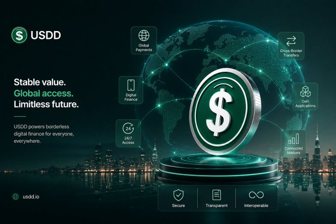 A promotional graphic for USDD stablecoin featuring a glowing green coin with a dollar sign, set against a world map backdrop, highlighting features like Global Payments, Cross-Border Transfers, Digital Finance, DeFi Applications, 24/7 Access, and Connected Markets.