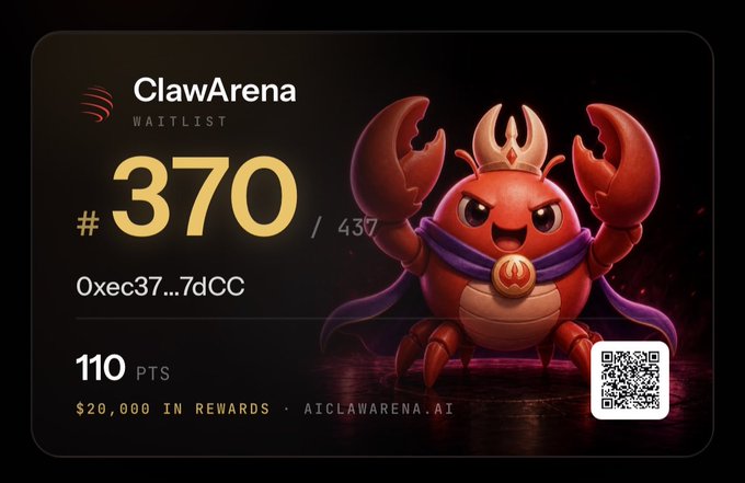 A 'ClawArena Waitlist' graphic showing position #370 of 437 for user 'Oxec37...7dCC' with 110 points and a $20,000 in rewards offer.