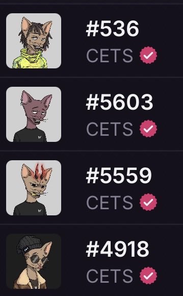 The image displays a list of four CETS NFT purchases with their respective token IDs (#536, #5603, #5559, and #4918), each marked with a pink checkmark indicating completed transactions, showcasing the user's recent acquisitions mentioned in the post about their latest buys to stake and give back to the community.