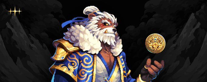 A digital illustration of an anthropomorphic bear warrior in ornate blue and gold armor, floating a golden coin.