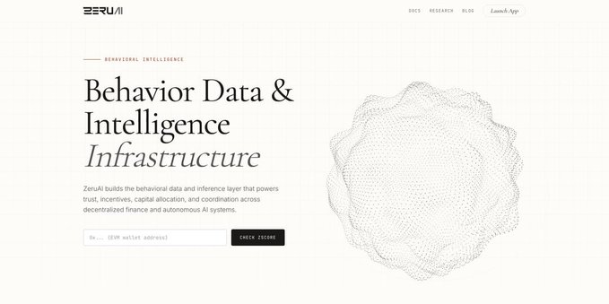 The ZeruAI website features the headline 'Behavior Data & Intelligence Infrastructure' alongside a dotted 3D graphic and a 'CHECK ZSCORE' button.