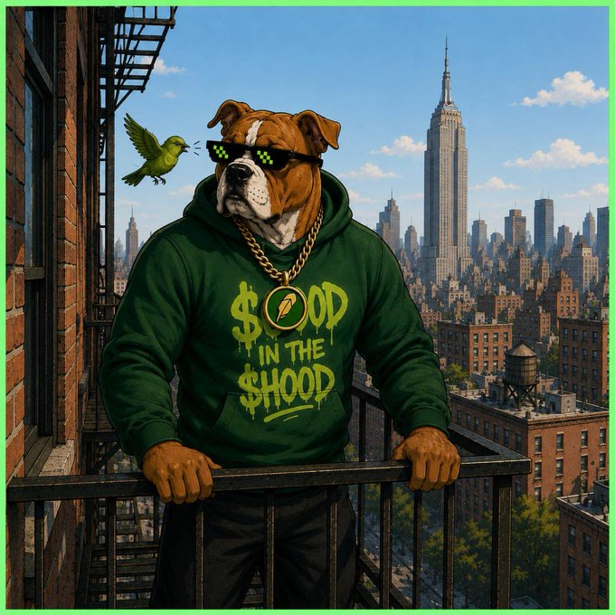 A bulldog wearing pixelated sunglasses and a green "$GOOD IN THE HOOD" hoodie leans on a fire escape with a small green bird perched nearby, set against a New York City skyline. The image visually represents the "$GOOD in the Hood" crypto token promotion, with the urban backdrop reinforcing the streetwise meme aesthetic of the accompanying bullish post.
