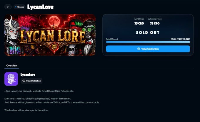 A blockchain marketplace listing for the 'LycanLore' NFT collection on the Cronos chain, showing a sold-out mint with mint and whitelist price of 75 CRO each, 100% minted (2,222/2,222).