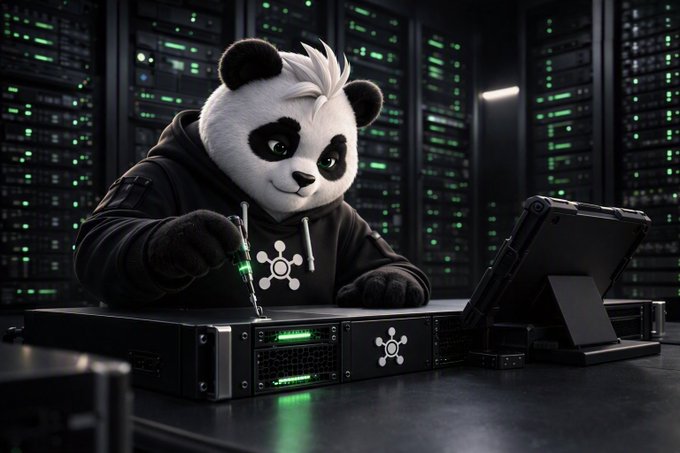 An anthropomorphic panda wearing a black hoodie works on computer equipment in a dark server room, appearing to engage in hacking or IT work.