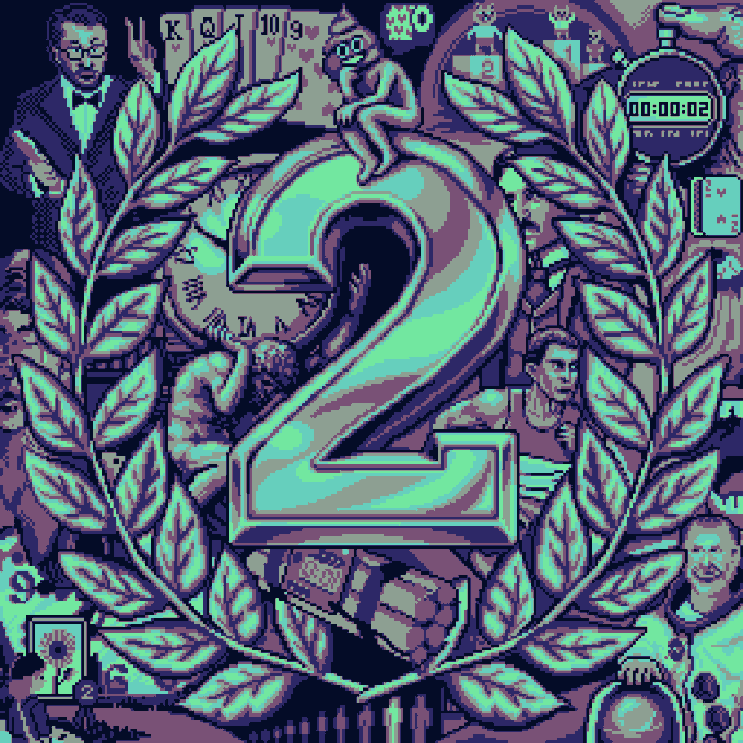 A detailed pixel art piece featuring a large turquoise number '2' framed by laurel wreaths, surrounded by various characters, playing cards, and cryptic symbols in a moody purple and teal palette.