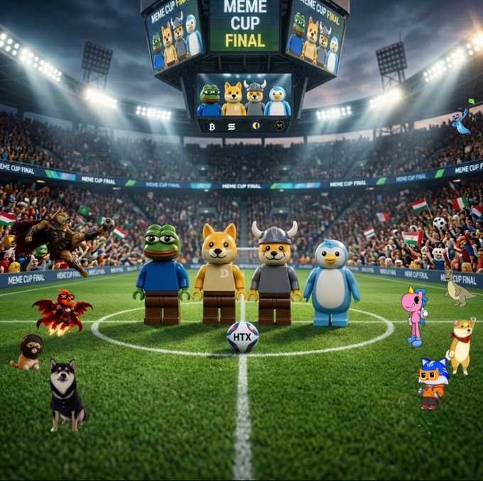 The image features a group of cartoon characters, including a dog, penguin, and other animals, standing together on a soccer field with a sports ball at their feet. The background shows a stadium filled with people watching the event unfold. The caption for the image reads "$manyu is build for the next stage $manyu will owns the victory on the meme cup final". This suggests that the image might be related to a meme or social media post, possibly featuring these cartoon characters and their soccer game experience as part of a humorous or entertaining content.