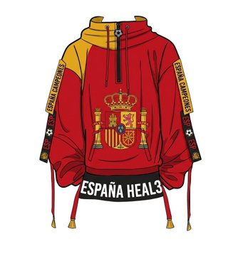 The image features a red hoodie with a Spanish flag design, including a coat of arms and a crown emblem. The hoodie has a zipper running down the front and is displayed against a white background. The text "Spain" can be seen in the image as well. The post appears to be about a fashion item or clothing brand from Spain, possibly related to the Spanish flag design on the hoodie.