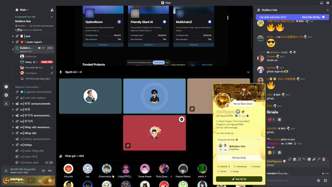 Screenshot of a crypto/web3 Discord server interface showing 'Builders Hub' with channels like 'icann-report' and 'bussines', a Halon project listing featuring 'OptionRoom', 'Friendly Giant AI', and 'MultichainZ' with $950,000 fundraises, and a voice chat panel with users 'Yanzn Ball D'wn' and 'Grialo' speaking in Vietnamese.