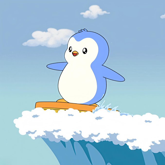 A cute cartoon illustration of a blue and white penguin surfing on a small wooden board atop a stylized wave with foamy white crests under a blue sky.
