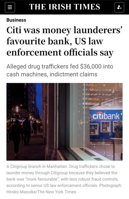 A screenshot of a news article from The Irish Times with the headline 'Citi was money launderers' favourite bank, US law enforcement officials say', featuring a photo of a Citibank branch in Manhattan.