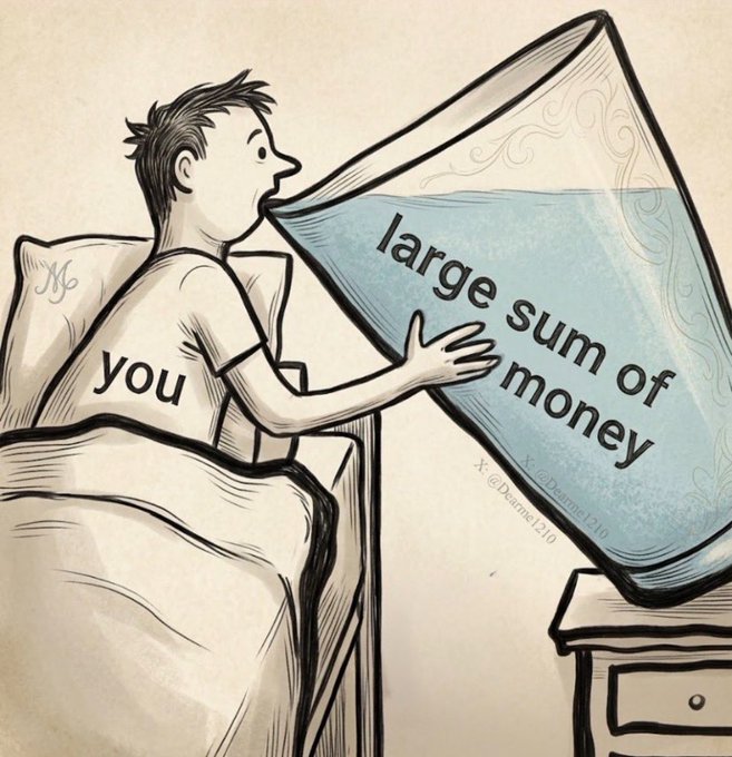 A cartoon illustration shows a person labeled "you" sitting up in bed, drinking from an oversized glass labeled "large sum of money," visually echoing the post's claim that simply drinking in or accepting wealth will bring it into your reality.
