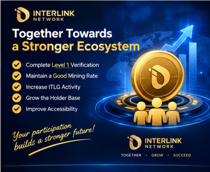 A promotional graphic for 'INTERLINK NETWORK' with the headline 'Together Towards a Stronger Ecosystem,' listing bullet points like 'Complete Level 1 Verification' and the slogan 'Together · Grow · Succeed'.