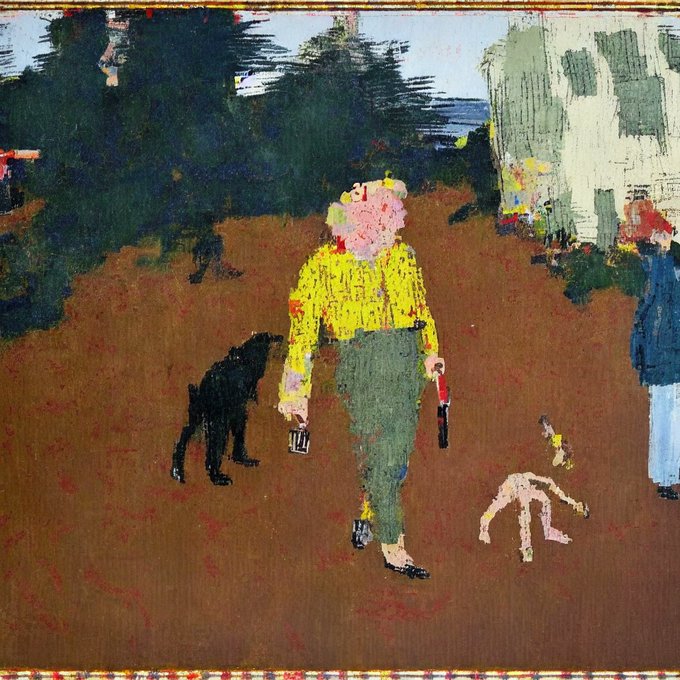 The image features a painting of a woman walking her dog, with a man standing nearby holding a bottle. The painting has a brown background and depicts an outdoor scene. The post about the artist's work by @skomra is displayed at the bottom right corner of the image.
