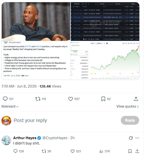 The image features a social media post from an account named "Arthur Hayes" with the hashtag "#CryptoHayes". The post contains various tweets and images related to cryptocurrency trading or market trends. One of the tweets includes a meme about Arthur Hayes shutting down the rumor mill. Additionally, a screenshot of an article is displayed on the post, talking about cryptocurrency investing and market movements. A relevant quote from Arthur Hayes can also be found in the image.