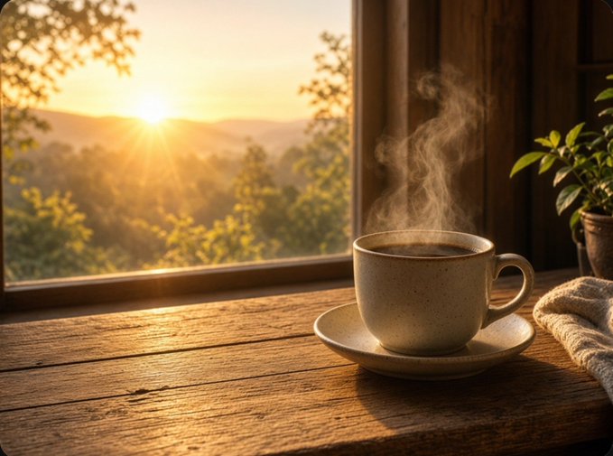 A ceramic cup of steaming coffee sits on a wooden windowsill overlooking a sunlit landscape of green trees and hills at golden hour.