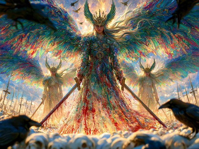 A vibrant fantasy artwork depicting an angelic warrior queen with massive colorful wings, a crown, and swords, standing among skulls with other winged figures and ravens in the background.