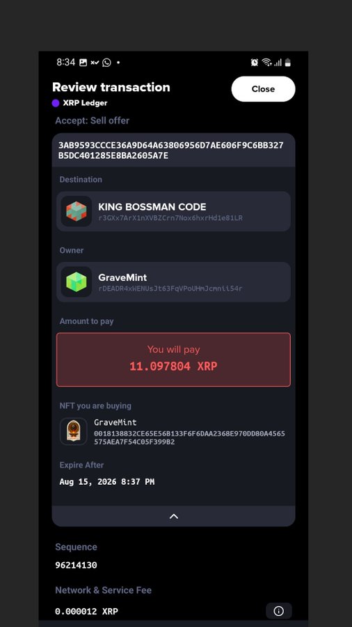 A mobile screenshot of an XRP Ledger transaction review page showing the purchase of an NFT named 'KING BOSSMAN CODE' from GraveMint for 11.097804 XRP.