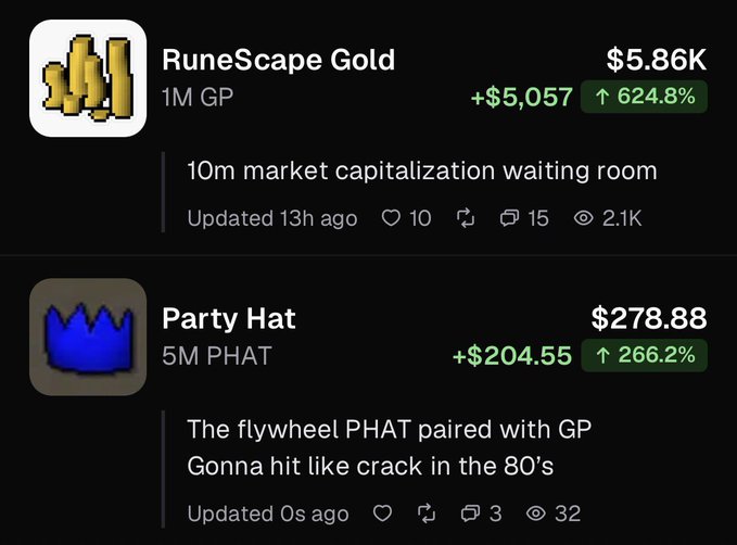 Two cryptocurrency listings from RunePump show 'RuneScape Gold' at $5.86K (+624.8%) with '10m market capitalization waiting room', and 'Party Hat' at $278.88 (+266.2%) described as 'The flywheel PHAT paired with GP Gonna hit like crack in the 80's'.