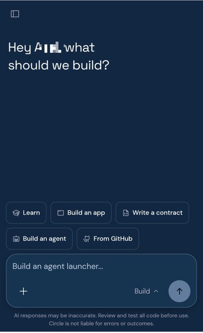 A dark-themed app interface asking 'Hey A, what should we build?' with options to Learn, Build an app, Write a contract, Build an agent, or From GitHub, plus a text input field for 'Build an agent launcher...'.