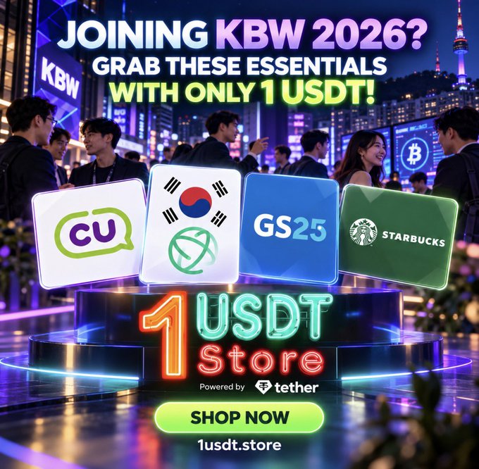 An advertisement for 1usdt.store promoting joining KBW 2026, featuring logos for CU, GS25, Starbucks, and the South Korean flag, offering essentials for only 1 USDT powered by Tether.