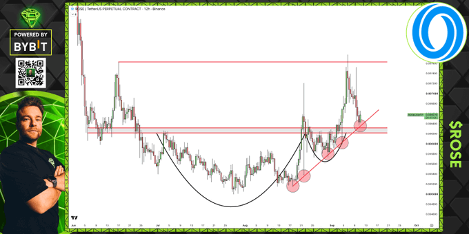 The image shows a TradingView chart of the $ROSE TetherUS Perpetual Contract on Binance, displaying a bullish technical pattern with a curved neckline and highlighted support levels marked with pink circles, visually supporting the caption's analysis of a clear bullish structure and potential for further upside if buyers defend the converging diagonal and horizontal support.