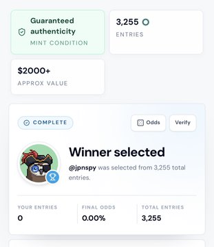 A screenshot of a completed giveaway result page showing 'Winner selected @jpnscy' from 3,255 total entries for an item with '$2000+ APPROX VALUE' and 'Guaranteed authenticity MINT CONDITION'.