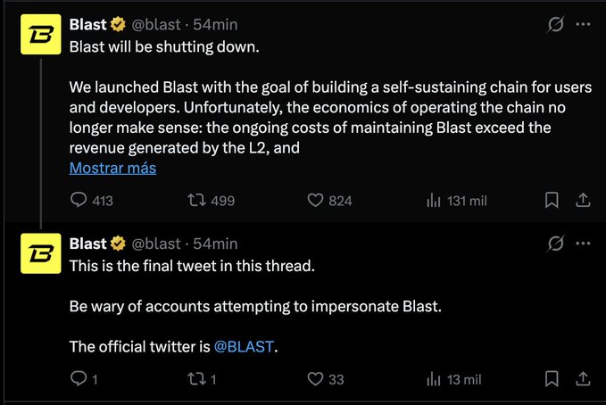 Tweets from Blast announcing they are shutting down because the costs of maintaining the Blast L2 exceed the revenue, warning against impersonator accounts.