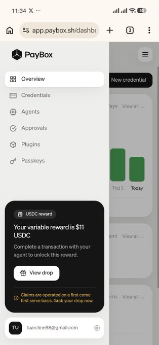 A mobile screenshot of the PayBox dashboard (app.paybox.sh/dashb...) showing an Overview menu with options like Credentials, Agents, and Approvals, plus a USDC reward pop-up offering $11.