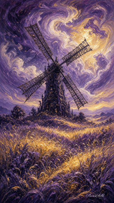 A Van Gogh-style painting depicts a Gothic windmill silhouetted against swirling purple skies, with its fragile wooden sails reaching toward a glowing golden light that bathes the lavender fields below. The artwork echoes the post's poetic imagery of a windmill seeking to capture light from the heavens, while a signature reading "Minoo Art 2024" appears in the bottom right corner.