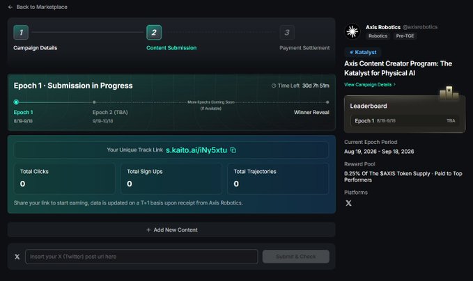 A dashboard for the 'Axis Robotics' Katalyst Content Creator Program showing Epoch 1 submission progress, currently with 0 clicks, sign-ups, and trajectories.