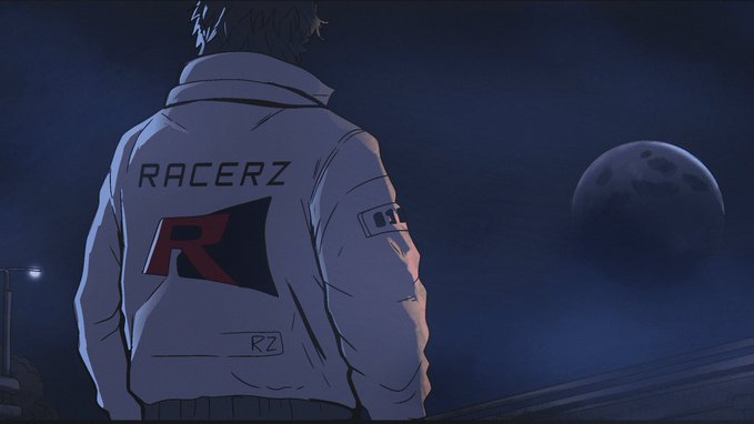 An anime-style character with "RACERZ" and an "R" logo on the back of their jacket stands gazing at a moonlit night sky, evoking a sense of anticipation that mirrors the post's message about refueling for an upcoming acceleration and bigger update.